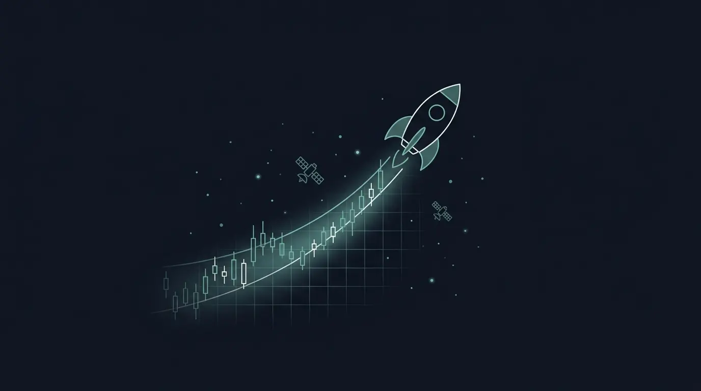 A stylized rocket ascending along a candlestick chart. Illustration: Kresmion.