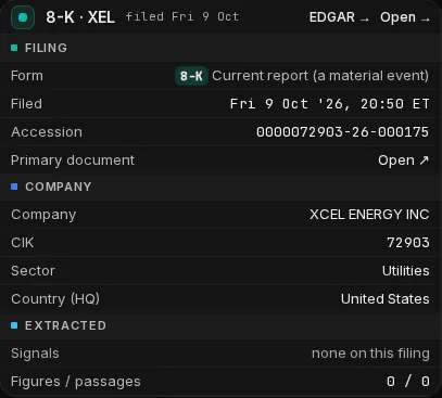 Kresmion filing detail panel for an 8-K filed by Xcel Energy on 9 October 2026, showing the form type, the filed time, the accession number 0000072903-26-000175 and a link to the primary document on EDGAR.