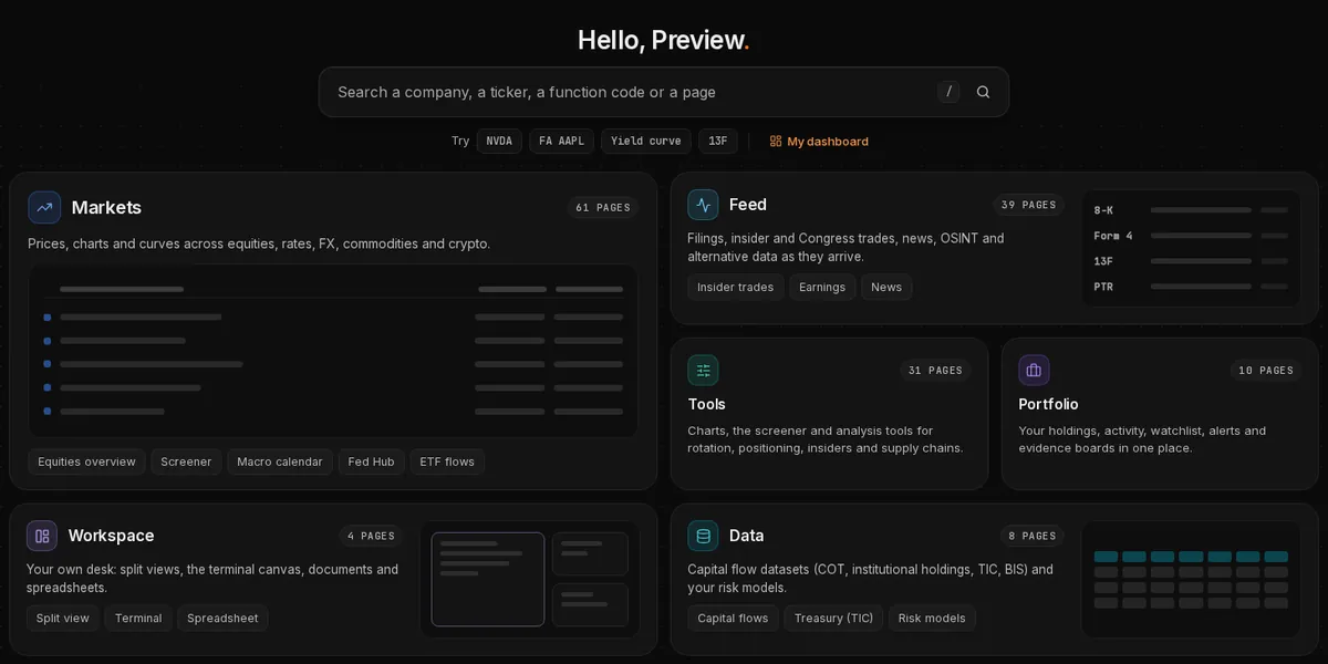 Kresmion start page in the terminal: a search box for a company, a ticker, a function code or a page, with suggestions NVDA, FA AAPL, Yield curve and 13F, above section tiles for Markets, Feed, Tools, Portfolio, Workspace and Data.